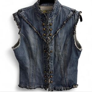 Star Jeans Denim Vest Womens Large Frayed Trim Snap Front Western Y2K Boho